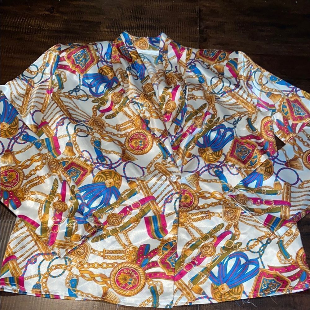 Vintage Colorful Chain Tassel Print Blouse Ladies size 10